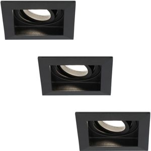 Set van 3 Fresno LED inbouwspots vierkant - Kantelbaar - 5W 400lm - GU10 2700K Neutraal wit Dimbaar - Zwart - IP20 Plafondspots voor binnen