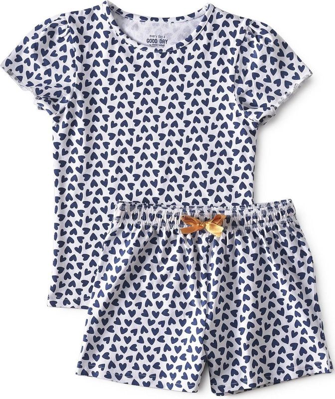 Little Label - Pyjama - Wit - Zachte BIO Katoen - Shortama - 2-delige zomer pyjama meisjes - Hartjesprint