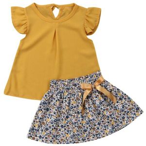 1-5Y Peuter Kid Baby Meisje Kleding Sets Geel Chiffon Tops + Bloemen A-lijn Rok Zomer Outfits Kleding Set