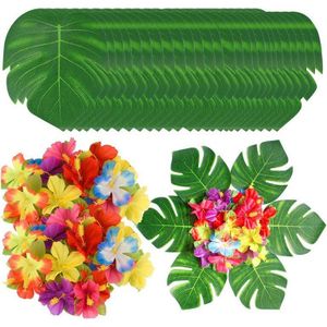 90Pcs Tropische Palm Bladeren En Hibiscus Bloemen, Kunstmatige Bladeren Planten Hibiscus Bloemen Fete Deco, hawaiian Party Jungle Stra