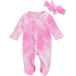 Focusnorm Pasgeboren Baby Meisje Tie Dye Rompertjes Ruches Lange Mouwen Single Breasted Jumpsuits Hoofdband 3 Kleuren