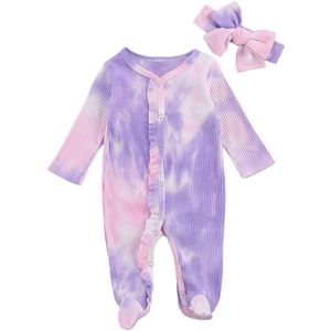 Focusnorm Pasgeboren Baby Meisje Tie Dye Rompertjes Ruches Lange Mouwen Single Breasted Jumpsuits Hoofdband 3 Kleuren