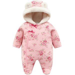 Winter Pasgeboren Baby Meisje Footies Thicken Warm Coral Fleece Jumpsuit Hooded Kleding Bloemen Kerst Meisjes Body suits Onesie