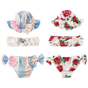 Kinderen Bikini Set Peuter Pasgeboren Baby Meisje 3 Stuks Kant Badpak Bloemen Badmode Baden Zomer Print Hoed Boog Ruches