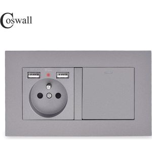 Coswall Franse Standaard Stopcontact Met 2 Usb Lading Poort + 1 Gang 1 Manier Op/Off Rocker Licht switch Pc Panel Zwart Wit Grijs