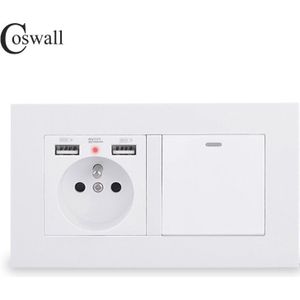 Coswall Franse Standaard Stopcontact Met 2 Usb Lading Poort + 1 Gang 1 Manier Op/Off Rocker Licht switch Pc Panel Zwart Wit Grijs