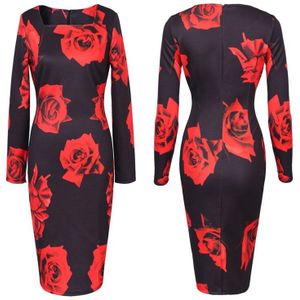 Vrouwen Red Rose bloemen Gedrukt Een Stuk Jurk Pak Casual Bruidsmeisje Moeder van Bruid Potlood Bodycon Avond Party Dress