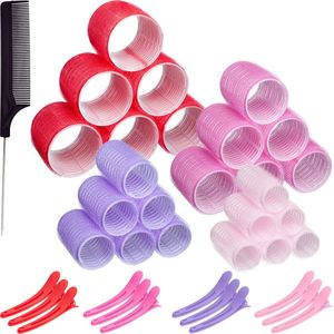 PrimeAmbition Krulspelden Jumbo – 37 Stuks – 4 Maten – Heatless Curls – Haarrollers – Haarkruller – Kleefrollers – Groot – Met Kam en 12 Haarklemmen