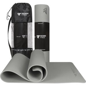 Rockerz Yoga mat - Fitness mat - Sport mat - Yogamat anti slip & eco - Extra Dik - Duurzaam TPE materiaal - Incl Draagtas - Grijs