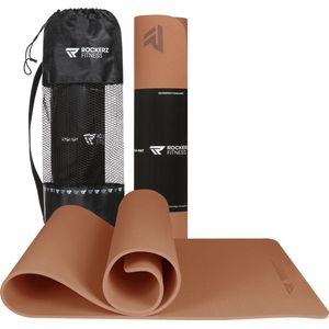 Rockerz Yoga mat - Fitness mat - Sport mat - Yogamat anti slip & eco - Extra Dik - Duurzaam TPE materiaal - Incl Draagtas - Caramel