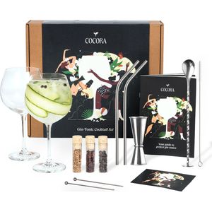Cocora Gin Tonic Geschenkset - 12-delige RVS Cocktail Set - Cocktail Maatbeker - Gin Kruiden - Botanicals - Cocktail Boek (Nederlands) - Cadeau voor Man, Vrouw - Zilver