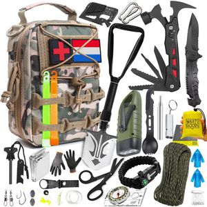What's Goods® NL Survival Kit - Kwaliteit noodpakket incl. survival mes & schep, vuurstarter, dynamo zaklamp, nooddeken & meer - Multicam