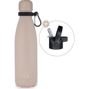 Wattamula Luxe design eco RVS drinkfles - nude - extra dop met rietje en carrier - 500 ml - waterfles - thermosfles - sport