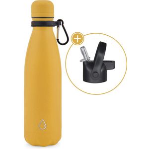 Wattamula Luxe design eco RVS drinkfles - okergeel - extra dop met rietje en carrier - 500 ml - waterfles - thermosfles - sport