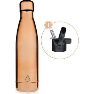 Wattamula Design eco RVS drinkfles - roségoud - extra dop met rietje en carrier - 500 ml - waterfles - thermosfles - sport