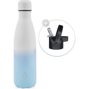 Wattamula Design eco RVS drinkfles - mix wit/blauw - extra dop met rietje en carrier - 500 ml - waterfles - thermosfles - sport