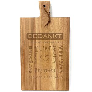 Stoer landelijk snijplankje-borrelplankje met tekst gravure BEDANKT dat je er voor me was. Een origineel cadeau om iemand persoonlijk te bedanken. Het formaat is 20x30cm excl. handvat.