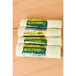 Composteerbare biologisch afbreekbare afvalzak 10 Liter met trekband. Pakket van 4 rollen = 40 zakken.