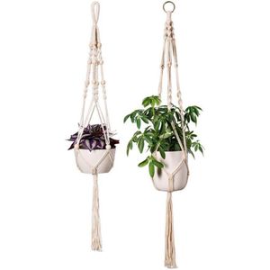 Fienosa - Hangpot - Plantenhanger - Plantenhanger Macrame - Kerstcadeau - Set van 2 - Wit - Knopen - Luxe Gevlochten Touw - met witte Ophang haken -Plantenpothanger