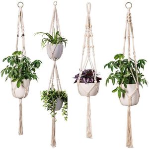 Fienosa Hangpot Plantenhanger set - Macrame Knopen- Plantenpothanger - Bloempothanger - Bloempot hanger - Set van 4 plek voor 5 potten - Wit - Luxe Gevlochten Touw - Inclusief witte Ophang haken