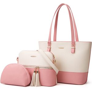 VOXO Premium Dames Handtassen Set 3 delig - Tote bag, Schoudertas, Crossbody Tas en Clutch voor Vrouwen - Roze met Wit