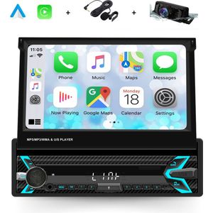 Boscer® 1Din Autoradio - Apple Carplay & Android Auto (Draadloos) - 7"" HD Handmatig Klapscherm - USB, Aux, Bluetooth - MP5 - Achteruitrijcamera & Microfoon