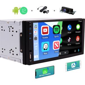 Boscer® 2Din Autoradio Universeel - Apple Carplay & Android Auto (Draadloos) - Android 12 - Navigatiesysteem - 7"" HD touchscreen - Bluetooth, WiFi, Aux, USB - Achteruitrijcamera & Externe Microfoon