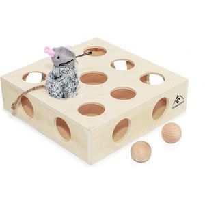 Pfotenolymp® interactief kattenspeelgoed / speeldoos met speelballen & speelmuis - houten speelgoed voor katten - mollenspel / vangspel / jachtspel