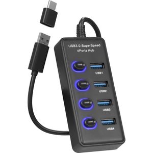 Nuvance - USB Hub 3.0 – 4 Poorten - Splitter – USB C Hub/Adapter - Universeel - Aan/Uit Switch - Zwart