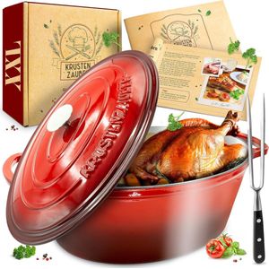 KRUSTENZAUBER 37,5 cm Gietijzeren Braadpan Met Deksel - Ovenbestendig XXL Stoofpan Kazan, Inductie Ovaal, 10 L Capaciteit, Incl. Vleesvork