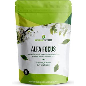 Alfa Focus – blauw glidkruid - L-theanine, vitamine B3 en biotine - concentratie supplement - 60 caps