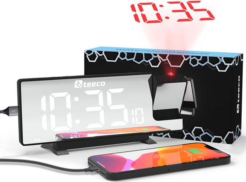 Teeco - Wekkerradio - Antraciet - Digitale wekker met projectie en telefoon opladen