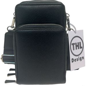 THL Design – Telefoontasje Dames Crossbody – Schoudertasje Telefoon – Kleine Tas – 3 Vakken - Zwart