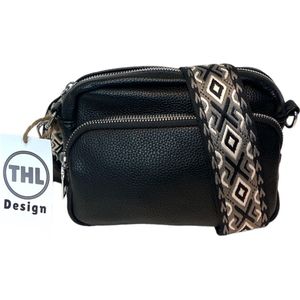 THL Design - Kleine Dames Schoudertas - Klein Tasje - Telefoontasje - Bag Strap - Tassenriem - Zwart / Beige Print - Zwart