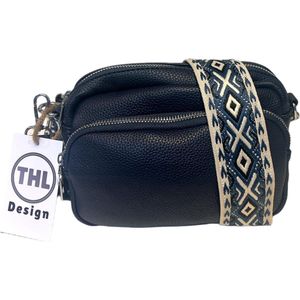 THL Design - Kleine Dames Schoudertas - Klein Tasje - Telefoontasje - Bag Strap - Tassenriem - Donkerblauw / Beige Print - Donkerblauw