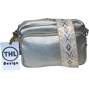THL Design - Kleine Dames Schoudertas - Klein Tasje - Telefoontasje - Bag Strap - Tassenriem - Zilver / Beige Print - Zilver