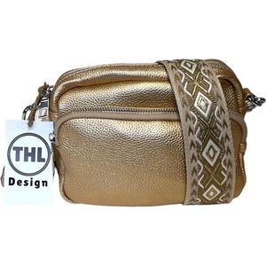 THL Design - Kleine Dames Schoudertas - Klein Tasje - Telefoontasje - Bag Strap - Tassenriem - Goud / Beige Print - Goud