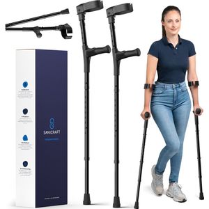 Sanicraft® Krukken - Elleboogkrukken - Revalidatie - Loopkrukken - Verstelbaar - Ergonomische Gel Handvaten - 2 Stuks - Inklapbaar - Zwart