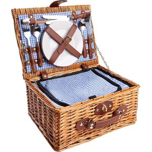 Sens Design Rieten Picknickmand voor 2 personen inclusief koelvak, bestek, borden en wijnglazen - Blauw