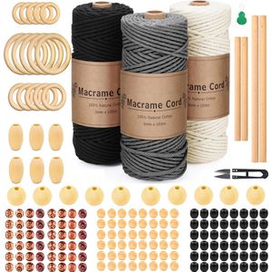 Macramé 3mm 300 Meter Touw Compleet Pakket met Houten Ringen en Kralen - Hobby DIY Natuurlijk Katoen Koord\Garen voor Wandkleed en Plantenhanger Zelf Maken -Volwassen\ Kinderen Knutselen Set voor Macramé & Sieraden Handwerk -Wit\Zwart -Incl. E-boeken