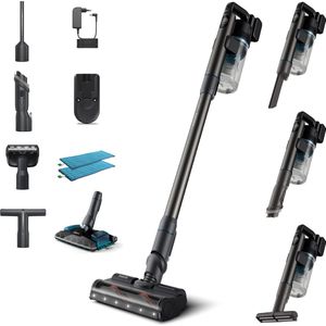 Philips Steelstofzuiger met Dweilfunctie XC8055/01 Aqua Plus - Draadloos en Zonder Zak - Zuigmond met LED Verlichting - Kruimeldief - Batterijduur tot 80 min - Lichtgewicht - Blauw