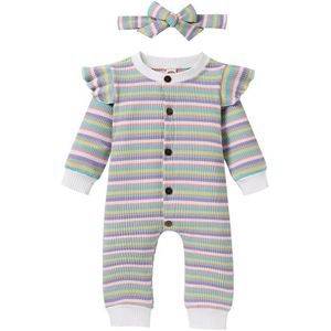 Pasgeboren Baby Girl Fall Outfit Kleurrijke Gestreepte Lange Mouwen Ruffle Romper Enkele Breasted Jumpsuit Hoofdband Herfst Kleding Set