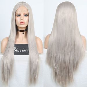 Bomshell Synthetisch Haar 13*3 Lace Front Pruik Platina Silver Grey Rechte Hittebestendige Vezel Haar Natuurlijke Haarlijn Voor vrouwen