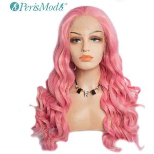 Synthetische Lace Front Pruiken Voor Vrouwen Perismoda Body Wave Hittebestendige Roze Paars Donkerbruin Kleur Lange Fiber Lace Front pruik