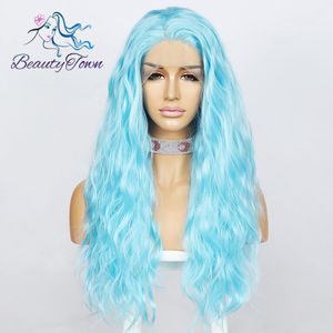 Beautytown Blauwe Kleur Natuurlijke Water Wave Hittebestendige Vrouwen Daily Makeup Cosplay Wedding Party Synthetische Lace Front Daily Pruik