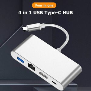 HW-TC42 4 In 1 Usb Type-C Hub USB3.0 Pd RJ45 Ethernet Dock Adapter RJ45 Gigabit Ethernet-poort + USB3.0 + Pd Voor Laptop & Telefoons