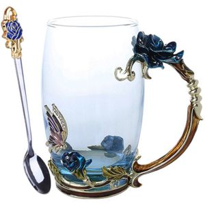 Emaille Koffie Thee Cup Mok 3D Rose Vlinder Glas Cups Huwelijkscadeau Fping