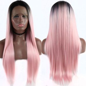 Bombshell Zwarte Wortels Ombre Roze Rechte Synthetische Lace Front Pruik Hittebestendige Vezel Natuurlijke Haarlijn Middelste Deel Voor Vrouwen