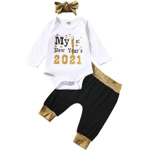 Mijn 1st Nieuwjaar Pasgeboren Baby Jongen Meisje Met Lange Mouwen Katoen Bodysuit Tops Goud Pailletten Lange Broek Hoofdband 3 stuks Kleding Set