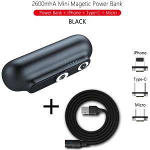 Brorikoy 2600Mah Mini Power Bank Draagbare Usb Opladen Magnetische Powerbank Micro Type-C Lading Kabel Voor Iphone Externe batterij